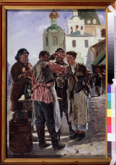 Kvass（Kwass）の売り手（Kvass Seller）。 発酵させた発泡性の飲み物で、弱アルコールで人気があり、通称パン ビール、ロシアの国民的飲み物です。 Vladimir Yegorovich Makovsky（Makovsky、Makovskij）（1846-1920）による絵画、キャンバスに油彩 作： Vladimir Egorovic Makovsky