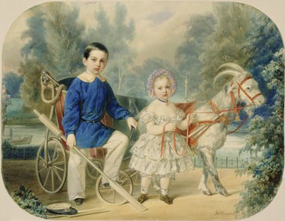 子供としてのアレクサンダー大公とアレクセイ大公、1853年（段ボールにトイレ） 作： Vladimir Ivanovich Hau
