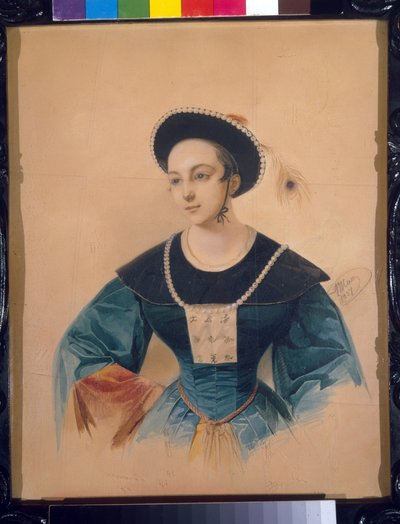 ダニエル・オーベールの「青銅の馬」(1782-1871) でペキ役を演じたソプラノのアンナ・ステパノヴァ (1816-1838) の肖像画。 (D. オーベールの「青銅の馬」のペキとしてのオペラ歌手 A. ステパノヴァの肖像)。 ウラジミール・イワノビッチ・ハウ（ガウ）の作品（1816-1） 作： Vladimir Ivanovich Hau