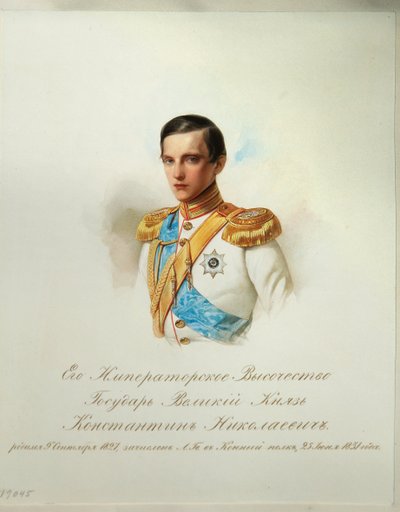 ロシアのコンスタンティン・ニコラエヴィッチ大公の肖像 (1827-1892) (帝国騎兵隊のアルバムより) - ハウ (ガウ)、ウラジミール・イワノビッチ (1816-1895) - 1846-1849 - 紙に水彩 - ロシア文学研究所 IRLI （プーシキンの家）、聖ペテロ 作： Vladimir Ivanovich Hau