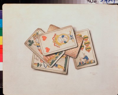 トランプ、静物 (トランプ、静物) - ウラジミール・パブロヴィッチ・ソコロフ (1860-1913) の作品、紙に水彩 作： Vladimir Pavlovich Sokolov