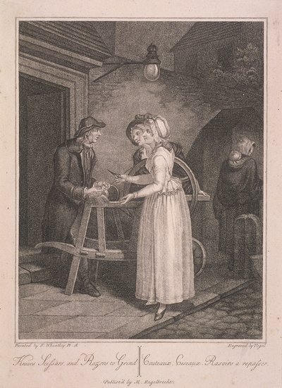「ナイフはさみと剃刀で挽く」、ロンドンの叫び、c1795 作： Vogel