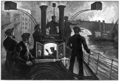 川辺の火災に出動する蒸気式消防車（ロンドン消防隊、1890年 作： WB Murray