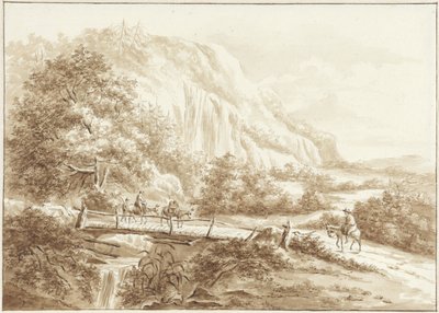 木製の橋を渡るロバの旅行者と山の風景 作： W.C.E. Roelofs