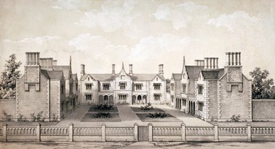 1845年頃、ロンドン、イズリントン、ボールズ・ポンド・ロードの製本業者保護施設の眺め 作： WL Walton