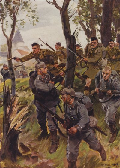 Seaforth Highlanders が敵を敗走させる (カラー リソ) 作： W.R.S. (after) Stott