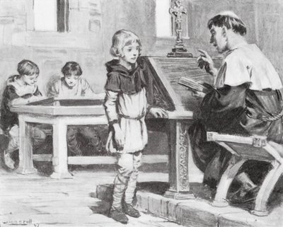 学校での若きカスバート（リトグラフ） 作： W.R.S. (after) Stott