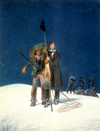 モンブランの山頂でバトンを植えるチャールズ・フェローズとウィリアム・ホーズ（1827年 作： WS Hastings