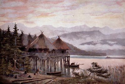 先史時代：ピエールの時代のチューリッヒ湖畔の高床式の村バティ。湖畔の村、先史時代の湖畔の町。W.クランツの絵画より 20世紀 作： W. (after) Kranz