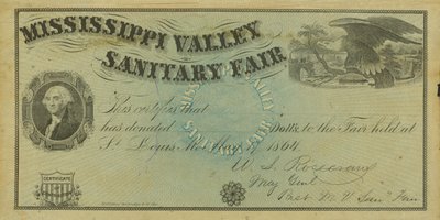 1864年5月7日に開催されたミシシッピ・バレー・サニタリー・フェアでの寄付に対する白紙のイラスト入り証明書 作： W. A. Rosecrans