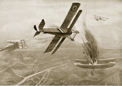 1915年7月25日、3つのドイツの飛行機とのホーカー船長の空中戦、「国民の歴史」のイラスト 作： W. Avis