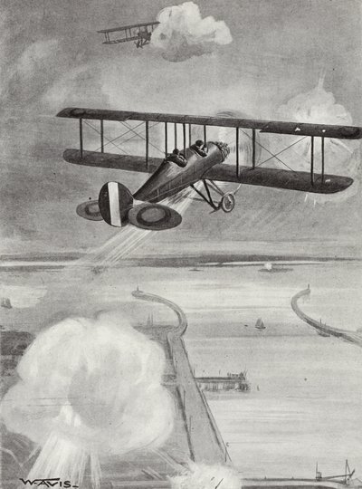 1915年1月23日、ゼーブルッヘの潜水艦基地に爆弾を投下した中隊主任のリチャードデイビス氏と飛行中尉のリチャードピアス氏が爆撃しました。 作： W. Avis