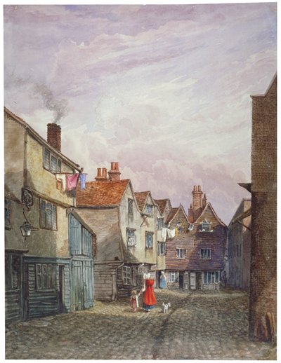 ロンドン、バーモンジーのクラウン・コートを歩く女性と子供の風景、1825年頃 作： W Barker
