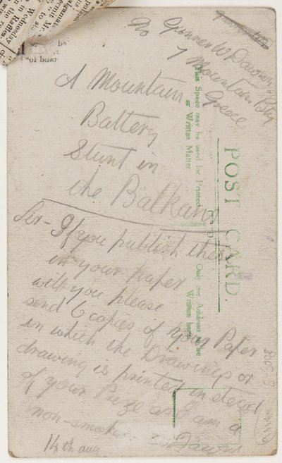 1918年8月14日、リバプールウィークリークーリエの編集者へのポストカード（はがきに鉛筆） 作： W. Dawson