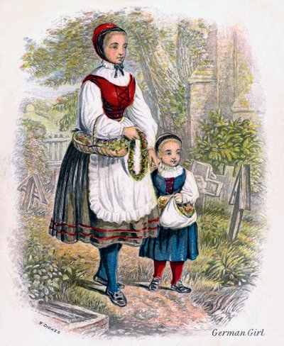 花のバスケットを持つ2人のドイツ人少女、1809年。 作： W. Dickes