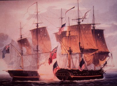 HMSシャノンとUSSチェサピーク(カラーリトグラフ) 作： John Ward Dunsmore