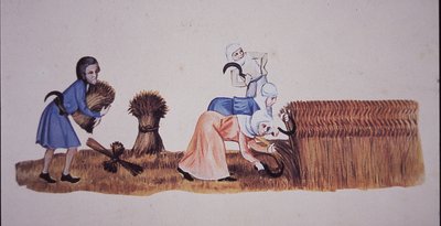 中世の女性がトウモロコシを収穫している様子を、『リュトレル詩篇』の一場面になぞらえて描いたもの（カラーリトグラフ 作： John Ward Dunsmore