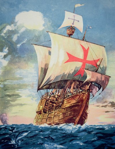 1492年にクリストファー・コロンブスを乗せてアメリカ大陸に向かったサンタ・マリア号（カラーリトグラフ 作： John Ward Dunsmore