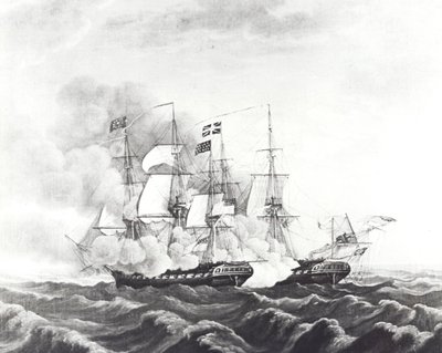 USS ConstitutionとHMS Guerriere（リトグラフ 作： John Ward Dunsmore