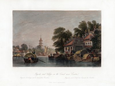 中国、カントン近くの運河沿いの塔と村、c1840。 作： W. H. Capone