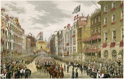 ストランドの行進、テンプルバー、ストランド、ロンドン、英国（カラー彫刻） 作： W. H. Russell
