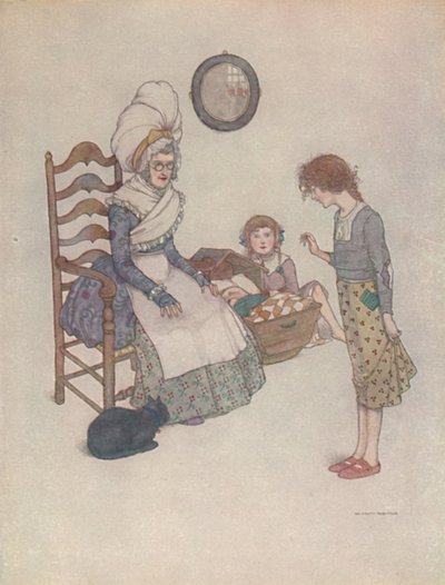 彼女はある日座って、赤い布の一部から小さな靴のペアを作りました、c1930 作： William Heath Robinson
