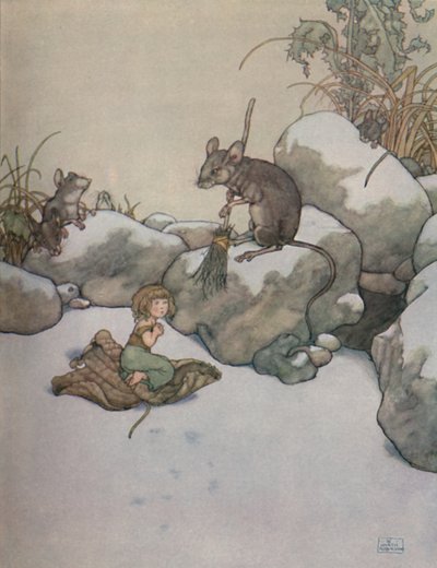 彼女はドアに立って、大麦のトウモロコシの断片を懇願しました、c1930 作： William Heath Robinson