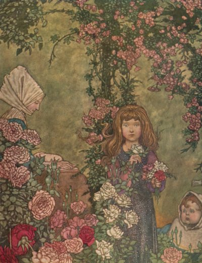 農民の妻が日曜日に彼女のコテージのドアに座って彼女の賛美歌の本を読んだc1930 作： William Heath Robinson