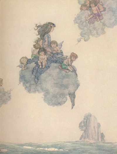 残りの空気の子供たちと一緒に、バラ色の雲、c1930の上空を舞い上がった 作： William Heath Robinson