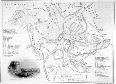 イタリア・ローマ。古代遺跡と近代遺跡の比較地図、1850年頃（エングレーヴィング） 作： W Hughes