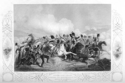 1854年から1857年のクリミア戦争中にバラクラバでロシアの銃を攻撃していた軽騎兵。 作： W. Hulland