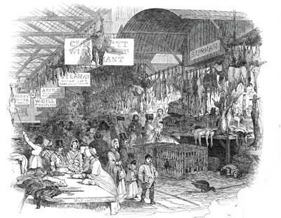 1845年のクリスマスイブに開催されたLeadenhall Market。 作： W. J. Linton