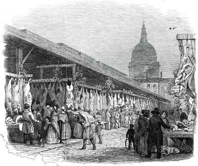 1845年のクリスマスイブに開催されたニューゲート・マーケット。 作： W. J. Linton
