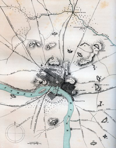 すべてのバッテリーを示すリッチモンドとその周辺の地図、1862 年から 1867 年。 作： W Kemble