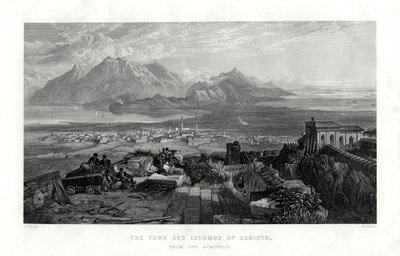 1887年、ギリシャのアクロポリスからのコリントスの町と地峡 作： W. Miller
