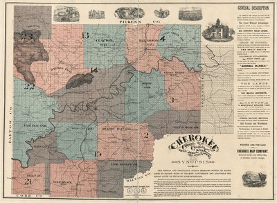 英語：  地番／ブロック番号と住民の名前が記載されている。チェロキー郡唯一の公式地図。2枚を合わせて1枚とし、布にマウント。LC Land ownership maps, 87 本文と図版を含む。図書館でも入手可能。 作： W. P. Bullock