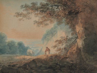 風景、右手前の荷車の木、女性と子供の姿 作： W Payne