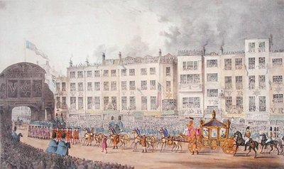 1837年、ヴィクトリア女王がロンドン市内を訪問した際のテンプルバーの眺め 作： W. R. Browne
