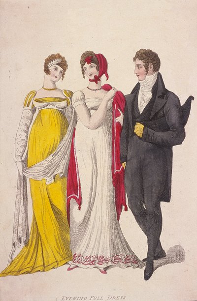 完全なイブニング ドレスを着た 2 人の女性と男性、c1810 作： W Read