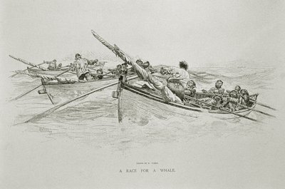 A Race for a Whale」（『Century Magazine』1890年6月号の「The Perils and Romance of Whaling」用）（リトグラフ版 作： W. Taber