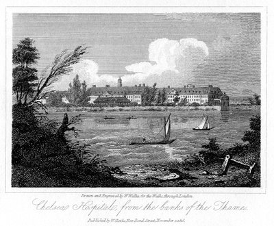 チェルシー病院、テムズ川の銀行、1816年。 作： W. Wallis