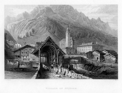 スイス、シュプルーゲンの村、1834年 作： W. Wallis