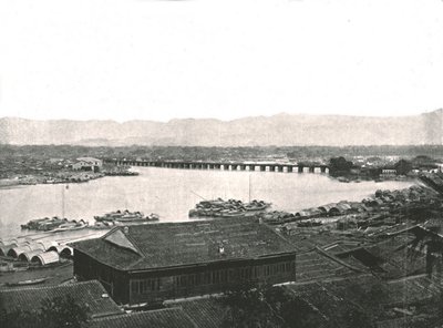 ミン川とグレートブリッジ、フーチョウ、中国、1895年。 作： W and S Ltd
