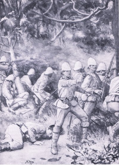 クーマシーへ向かう森の中の道の戦い（「British Battles on Land and Sea」より引用 作： Wal Paget