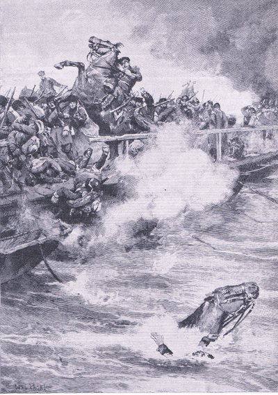 セヴァストポリ：船の橋を越えての隠れ家、イギリス海と陸の戦いのイラスト、1915 作： Wal Paget