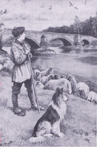 羊飼いの少年ジョン・レニーの想像力をかきたてるマッセルバーグの古いローマ橋（1922年発行の「My Magazine」より）。 作： Wal Paget
