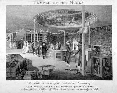 1810年頃、ロンドンのフィンズベリー・スクエアにある「Temple of the Muses Bookshop」。                                   作： Walker