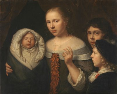 3 人の子供を持つ若い女性の肖像画 作： Wallerant Vaillant (attributed to)