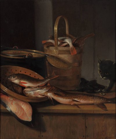 魚と猫のいる静物c。 1650-1660 作： Wallerant Vaillant
