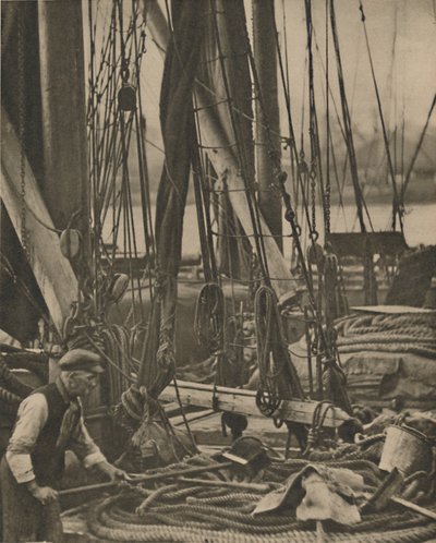 テムズ川のはしけのマストのふもと、c1935。 作： Walter Benington